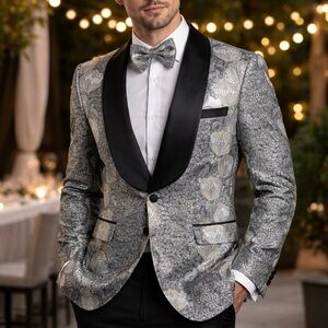 Rossi Man Metallic Silver Floral Jacquard Tuxedo Blazer Jacket Black Lapel Men’s